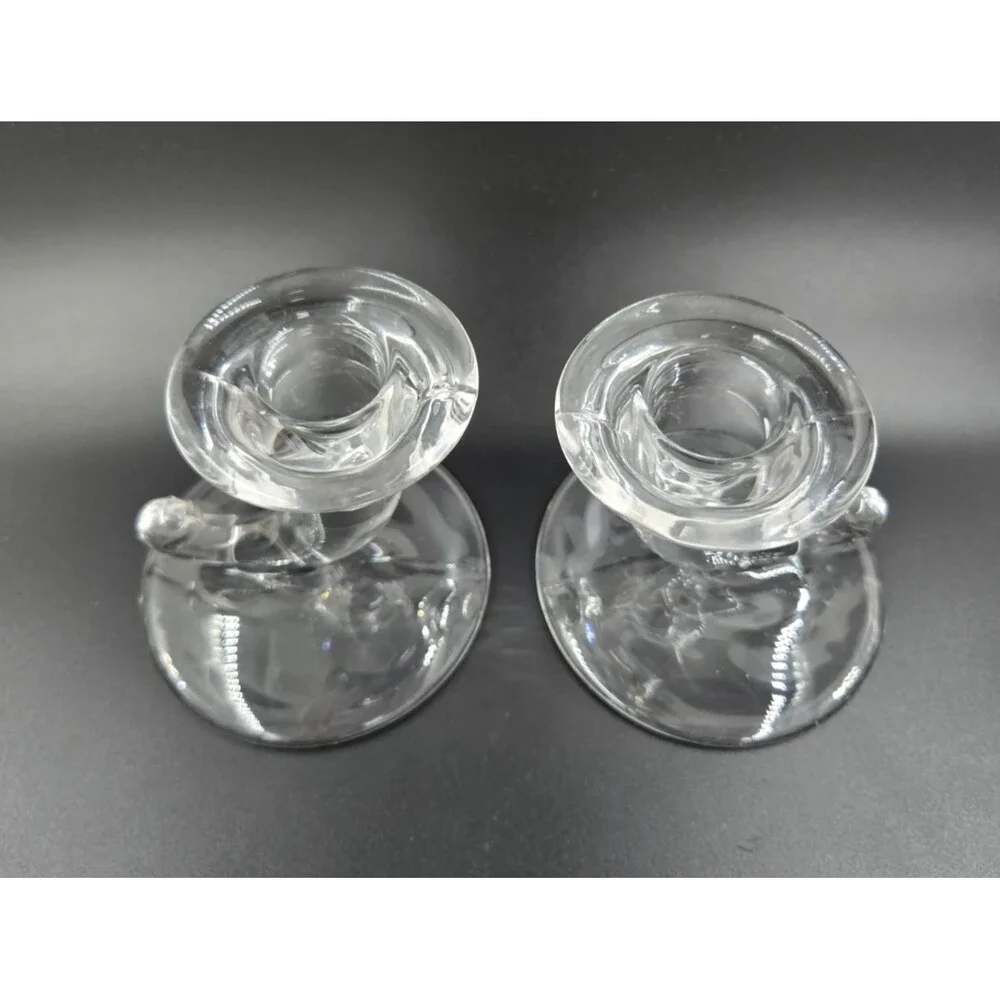 PAIR VTG New Martinsville Candle Sticks Clear Glass Crystal USA CORNUCOPIA STYLE
